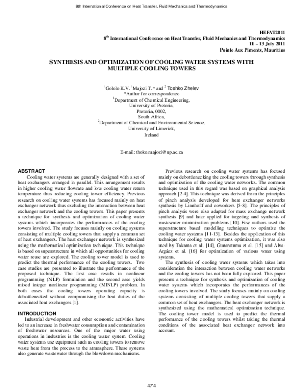 (PDF) Synthesis and optimization of cooling water systems with multiple ...