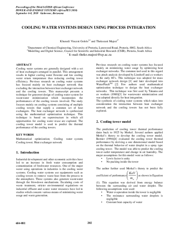 (PDF) Cooling Water Systems Design using Process Integration