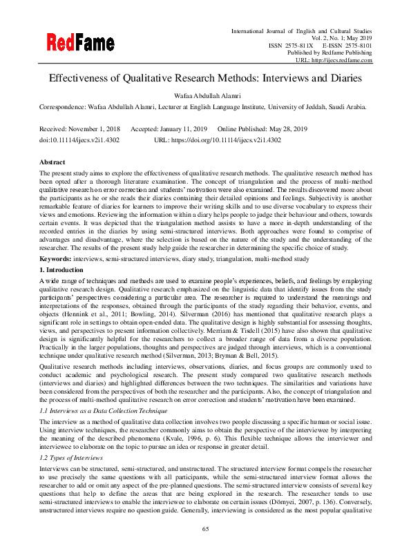 (PDF) Effectiveness of Qualitative Research Methods: Interviews and Diaries