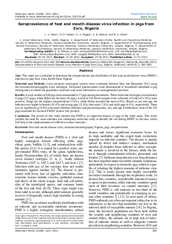 (PDF) Seroprevalence of Foot and Mouth Disease virus antibodies in ...