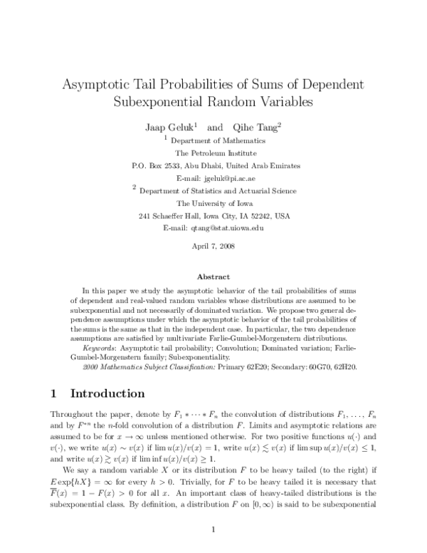 (PDF) Asymptotic Tail Probabilities of Sums of Dependent Subexponential ...