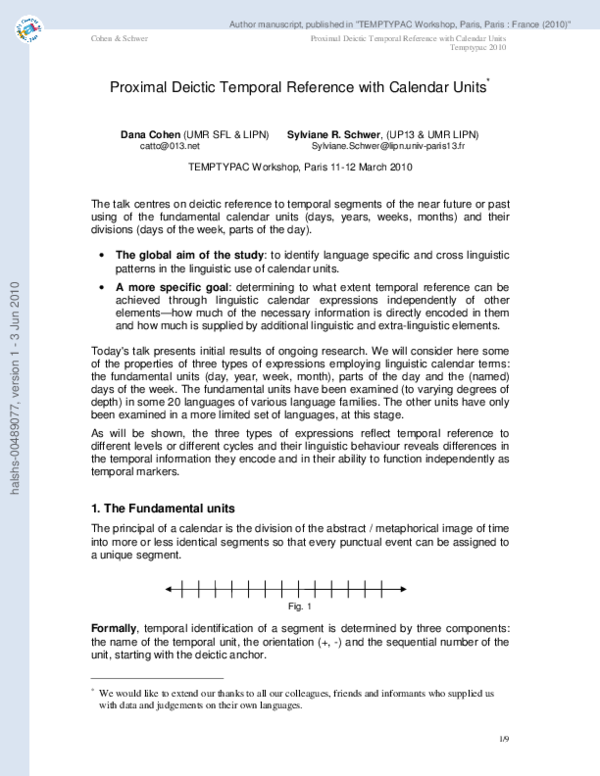 (PDF) Proximal Deictic Temporal Reference with Calendar Units | Dana ...