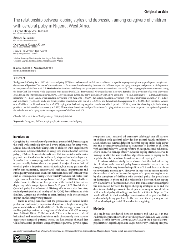 (PDF) The relationship between coping styles and depression among ...