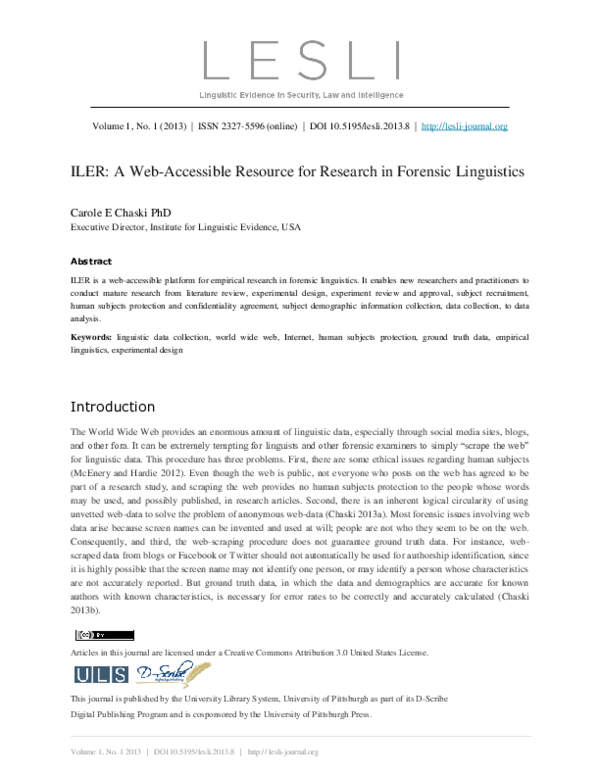 (PDF) ILER: A Web-Accessible Resource for Research in Forensic Linguistics