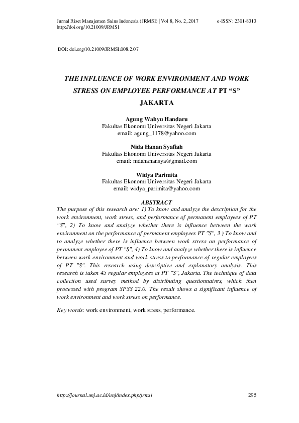 (PDF) The Influence of Work Environment and Work Stress on Employee ...