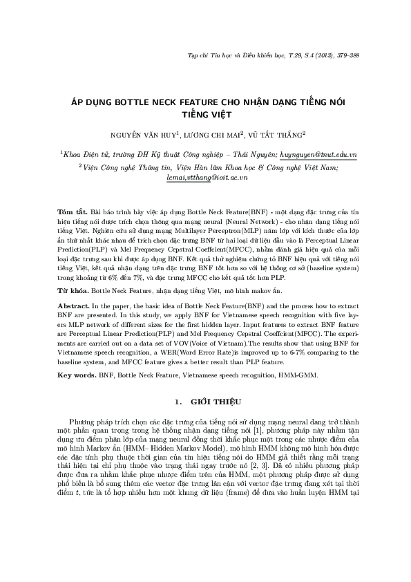 (PDF) Applying Bottle Neck Feature for Vietnamese speech recognition