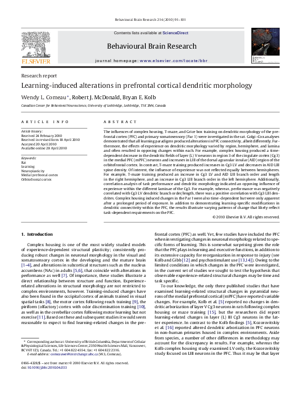 (PDF) Learning-induced alterations in prefrontal cortical dendritic ...
