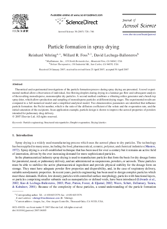 (PDF) Particle formation in spray drying