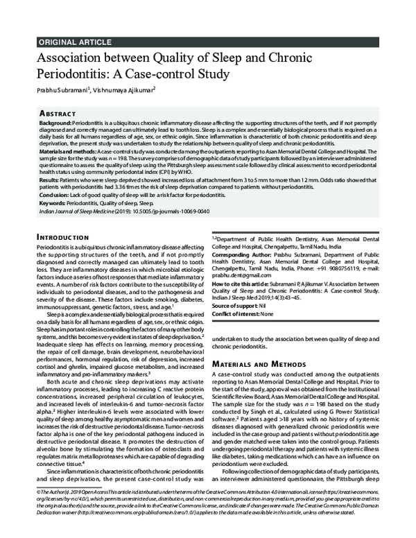 (PDF) Association between Quality of Sleep and Chronic Periodontitis: A ...