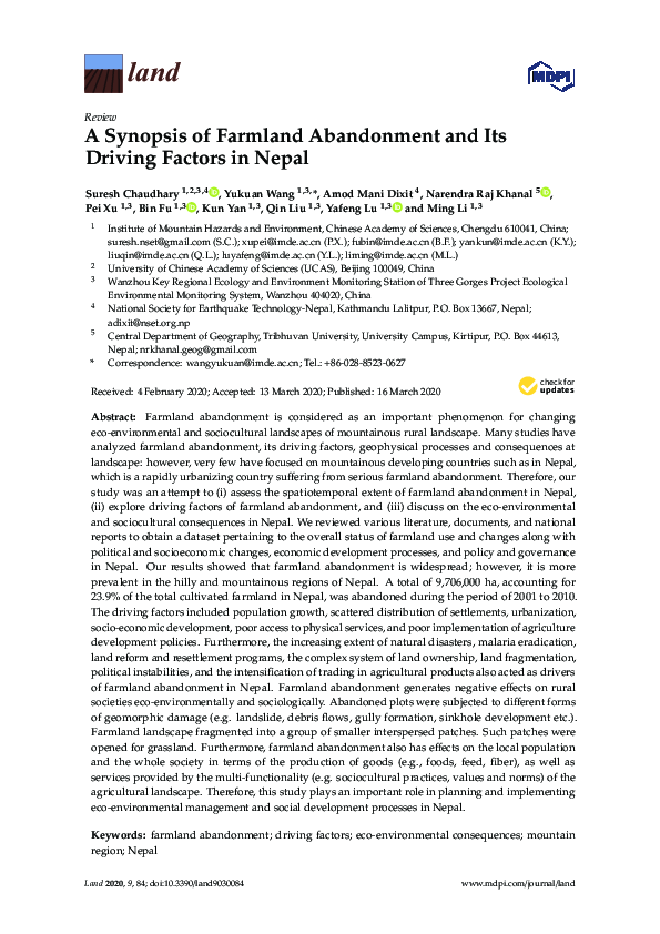 (PDF) A Synopsis of Farmland Abandonment and Its Driving Factors in Nepal