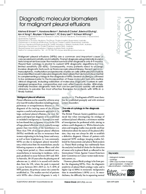 (PDF) Diagnostic molecular biomarkers for malignant pleural effusions