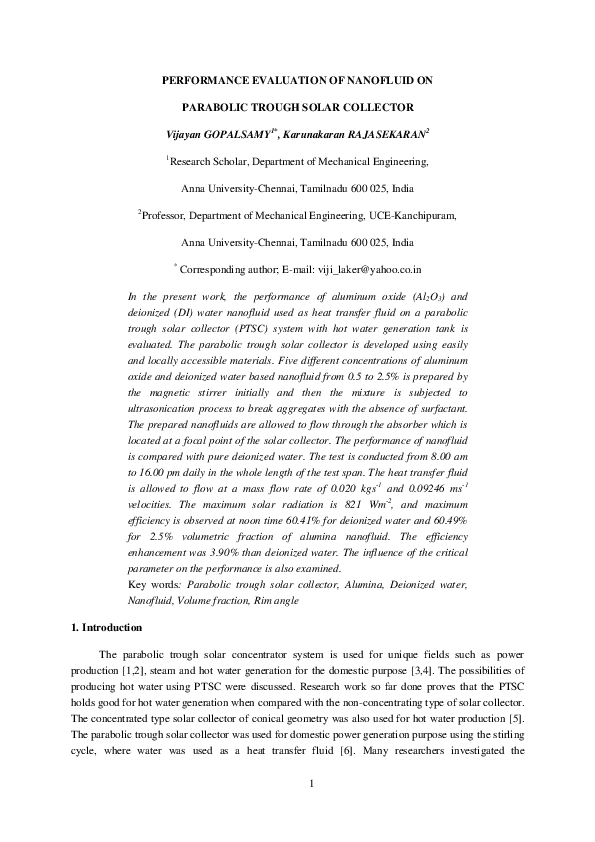 (PDF) Performance evaluation of nanofluid on parabolic trough solar ...