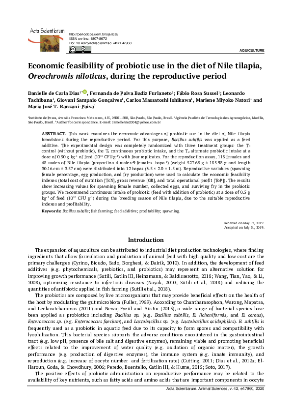 (PDF) Economic feasibility of probiotic use in the diet of Nile tilapia ...