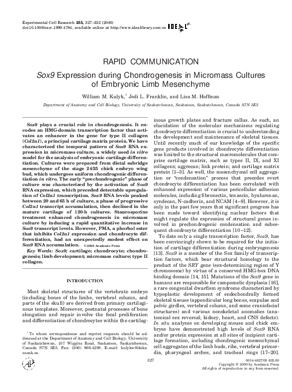 (PDF) Sox9 Expression during Chondrogenesis in Micromass Cultures of ...