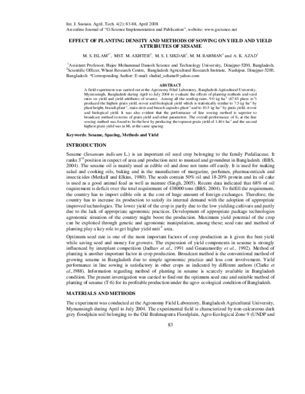 (PDF) EFFECT OF PLANTING DENSITY AND METHODS OF SOWING ON YIELD AND ...