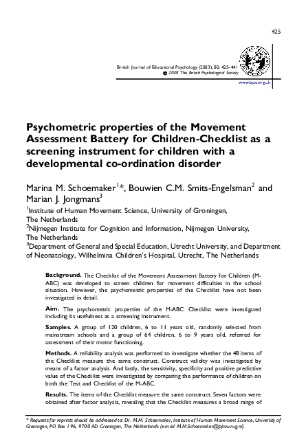 (PDF) Psychometric properties of the Movement Assessment Battery for ...