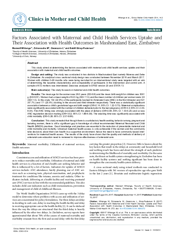 (PDF) Factors Associated with Maternal and Child Health Services Uptake ...