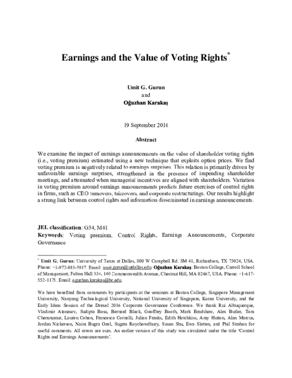 (PDF) Earnings and the Value of Voting Rights
