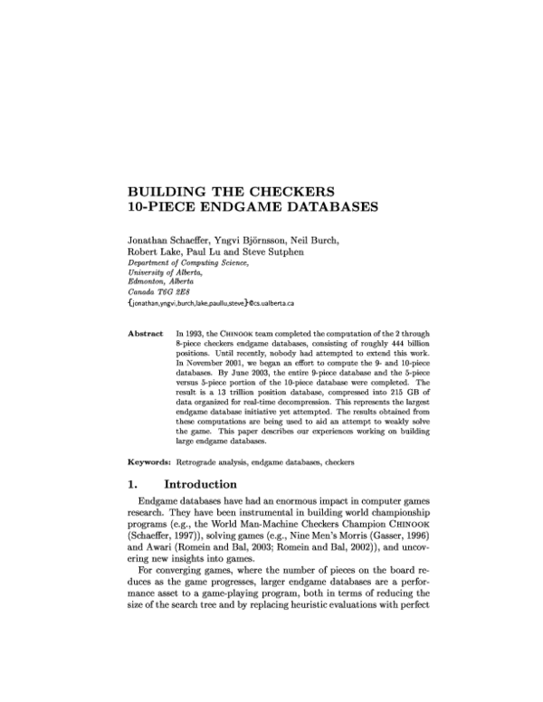 (PDF) Building the checkers 10piece endgame databases R. Lake