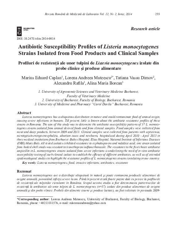 (PDF) Antibiotic Susceptibility Profiles of Listeria monocytogenes ...