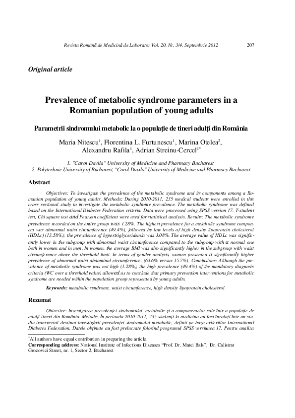 (PDF) Prevalence of metabolic syndrome parameters in a Romanian ...