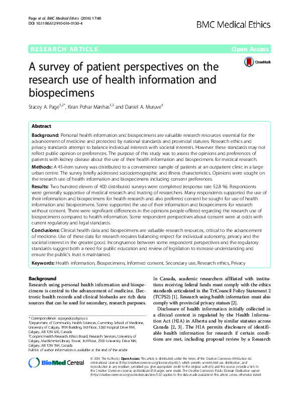 (PDF) A survey of patient perspectives on the research use of health ...