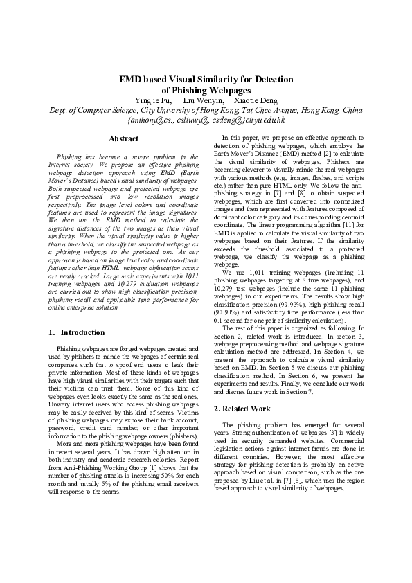(PDF) EMD based Visual Similarity for Detection of Phishing Webpages ...