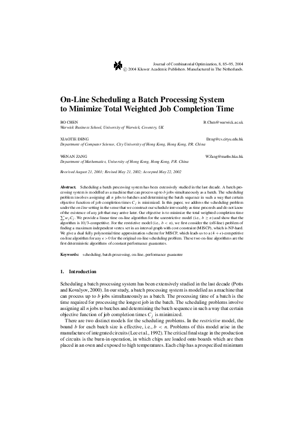 (PDF) On-Line Scheduling a Batch Processing System to Minimize Total ...