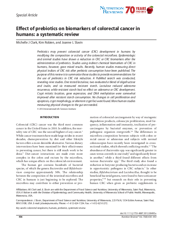 (PDF) Effect of prebiotics on biomarkers of colorectal cancer in humans ...