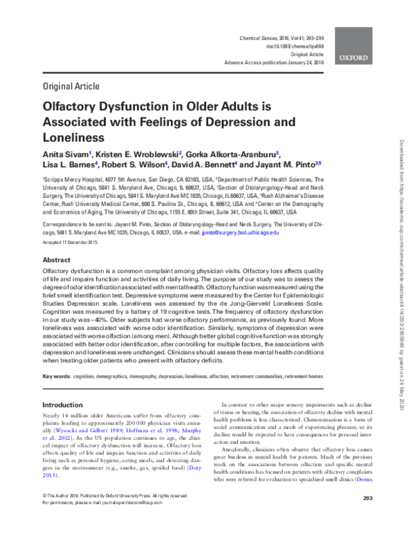 (PDF) Olfactory Dysfunction in Older Adults is Associated with Feelings ...