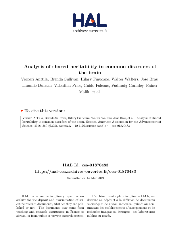 (PDF) Analysis of shared heritability in common disorders of the brain