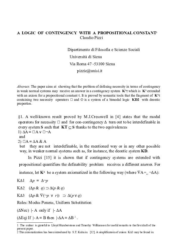 (PDF) A Logic of Contingency with a Propositional Constant'