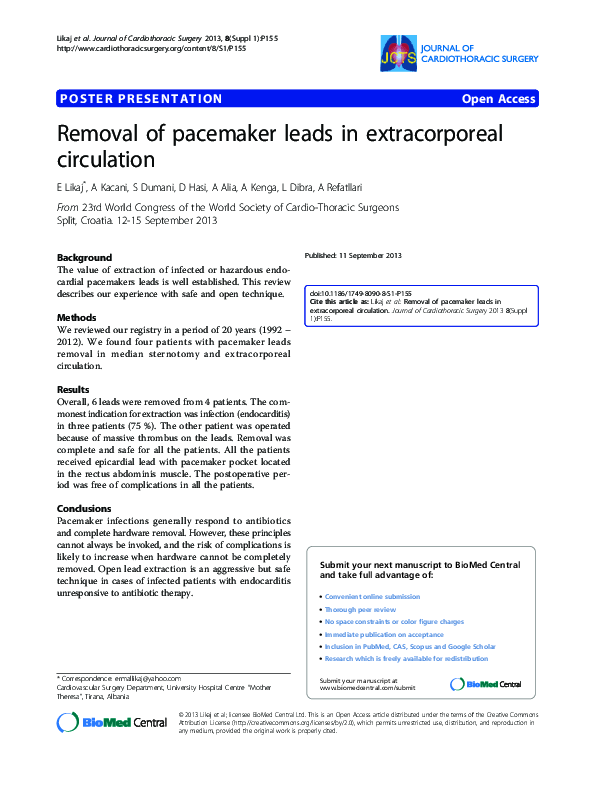 (PDF) Removal of pacemaker leads in extracorporeal circulation