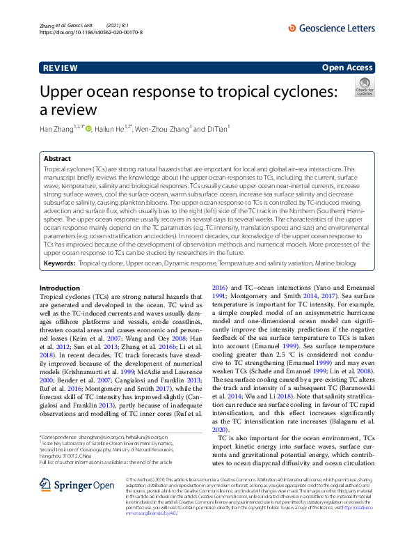 (PDF) Upper ocean response to tropical cyclones: a review