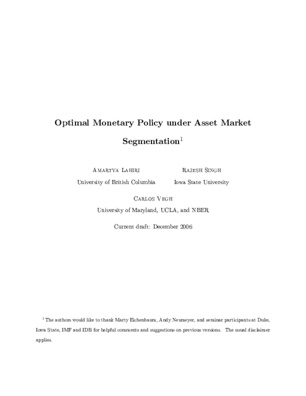 (PDF) Optimal Monetary Policy under Asset Market Segmentation