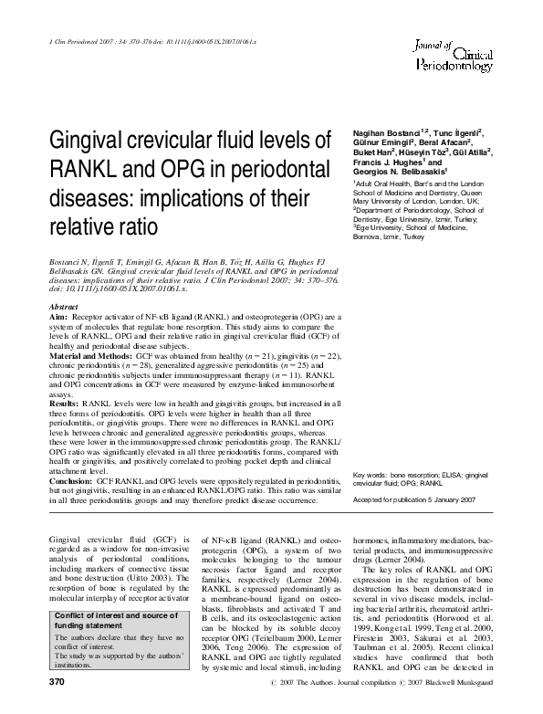 (PDF) Gingival crevicular fluid levels of RANKL and OPG in periodontal ...