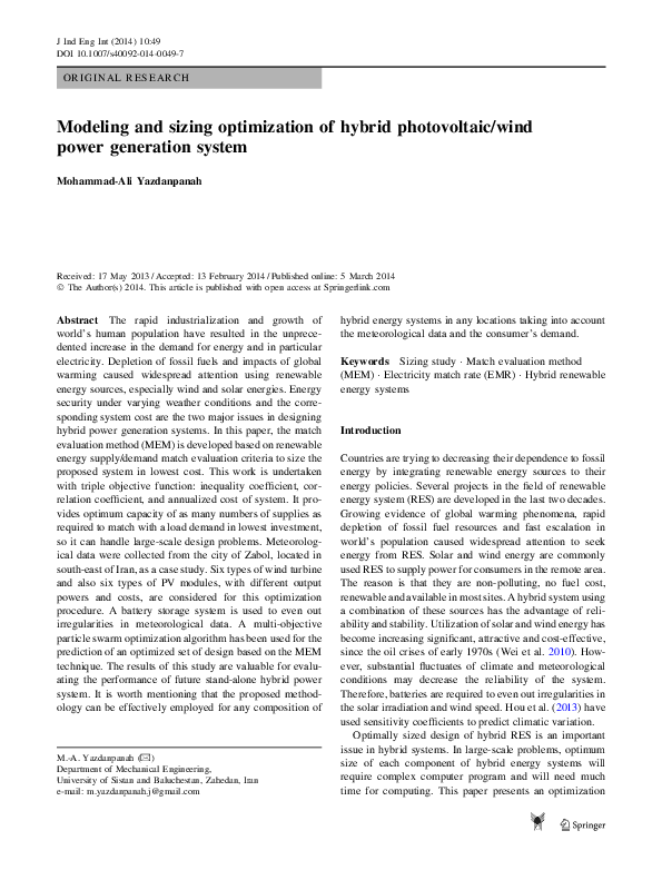 (PDF) Modeling and sizing optimization of hybrid photovoltaic/wind ...