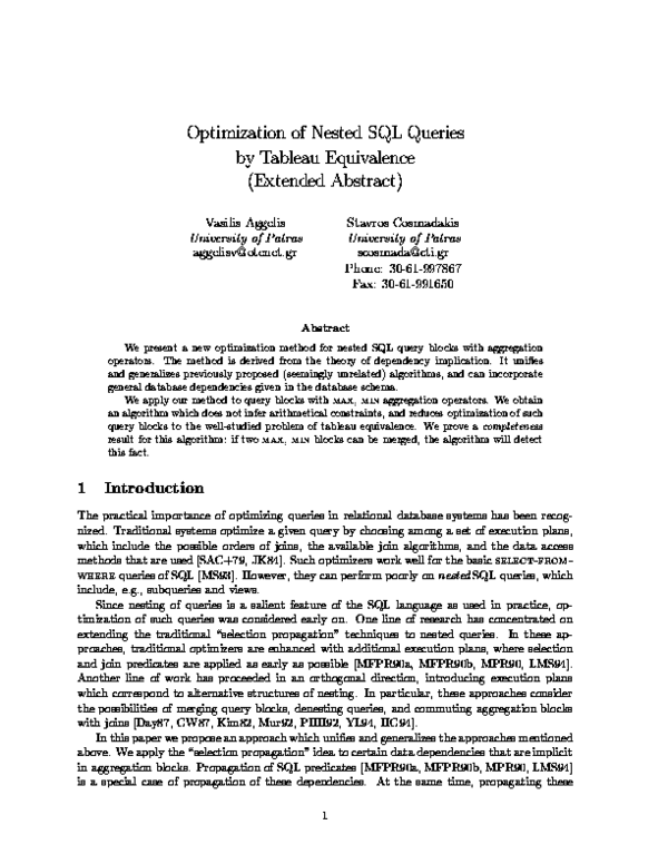 (PDF) Optimization of Nested SQL Queries by Tableau Equivalence