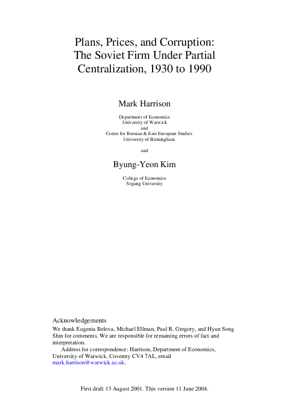(PDF) Plans, Prices, and Corruption: The Soviet Firm Under Partial ...
