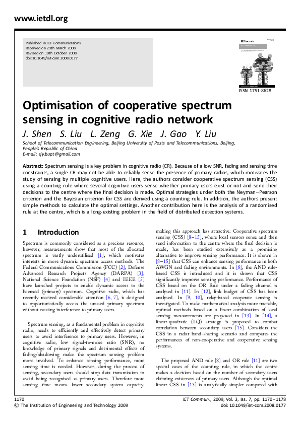 (PDF) Optimisation of cooperative spectrum sensing in cognitive radio ...