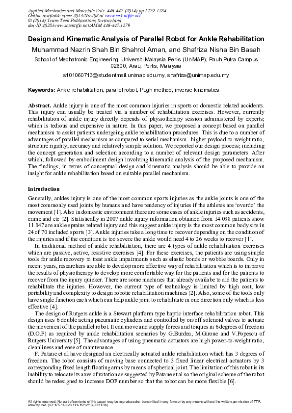 (PDF) Design and Kinematic Analysis of Parallel Robot for Ankle ...