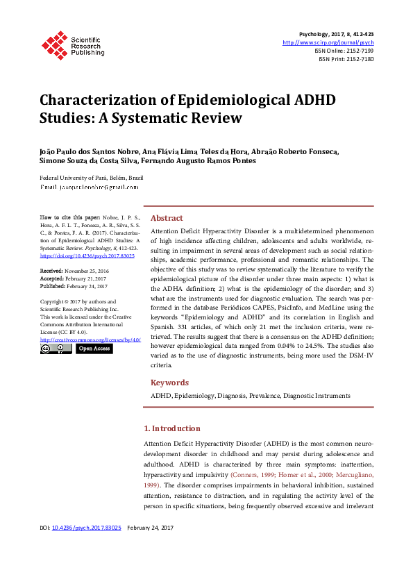 (PDF) Characterization of Epidemiological ADHD Studies: A Systematic Review
