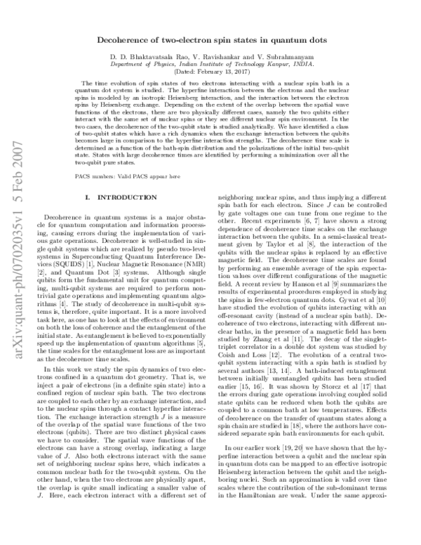 (PDF) Decoherence of two-electron spin states in quantum dots