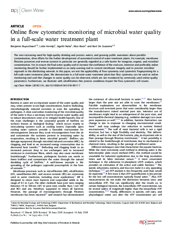 (PDF) Online flow cytometric monitoring of microbial water quality in a ...
