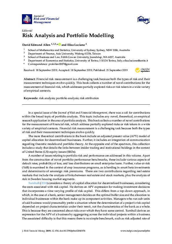 (PDF) Risk Analysis and Portfolio Modelling