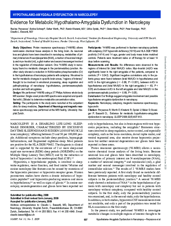 (PDF) Evidence for metabolic hypothalamo-amygdala dysfunction in narcolepsy