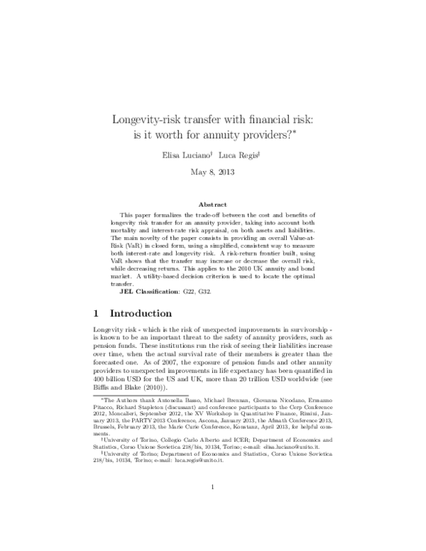 (PDF) Longevity-risk transfer with financial risk: is it worth for ...