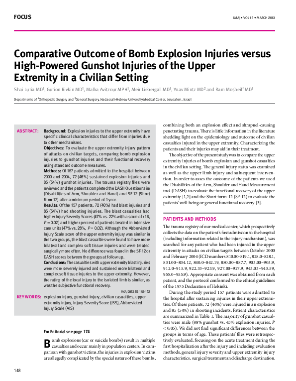 (PDF) Comparative outcome of bomb explosion injuries versus high ...