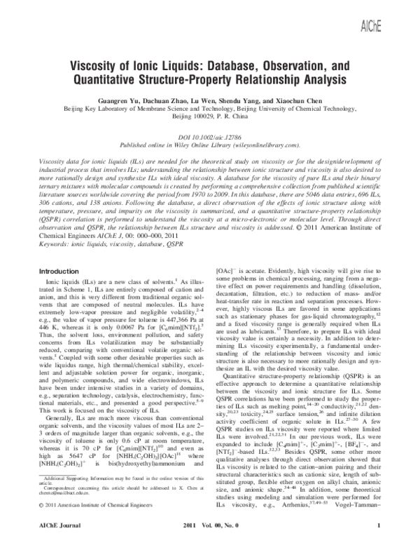 (PDF) Viscosity of ionic liquids: Database, observation, and ...