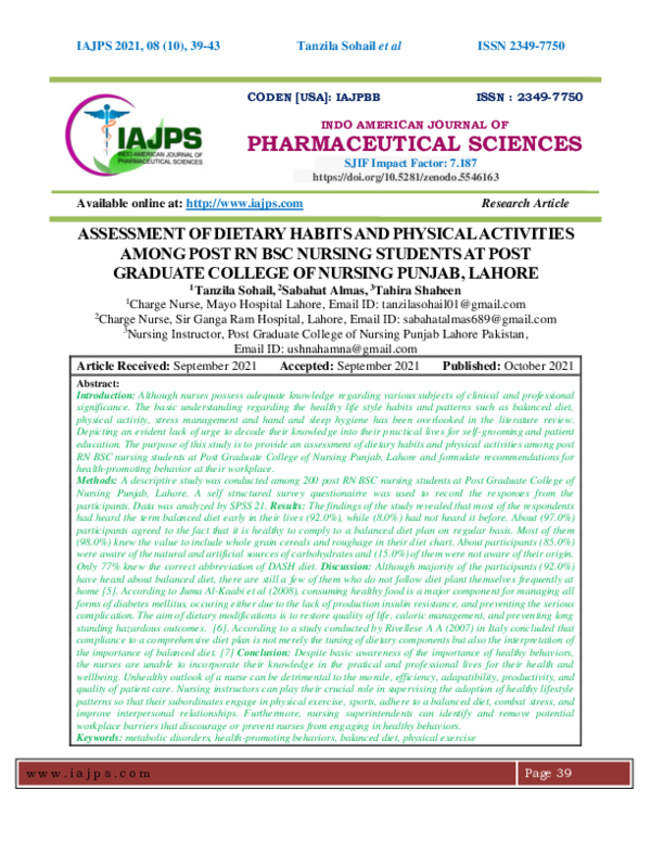 (PDF) ASSESSMENT OF DIETARY HABITS AND PHYSICAL ACTIVITIES AMONG POST ...